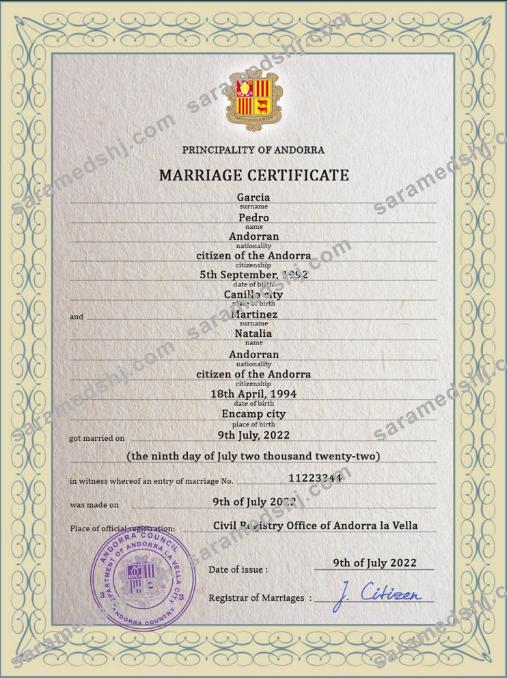 Andorra marriage certificate PSD template